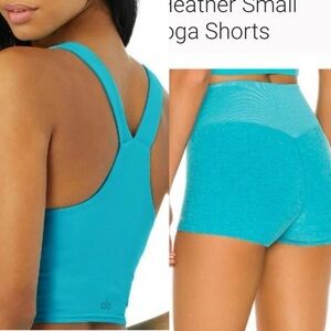 Alo soft high waist shorts and matching turquoise real tank long form bra MEDIUM